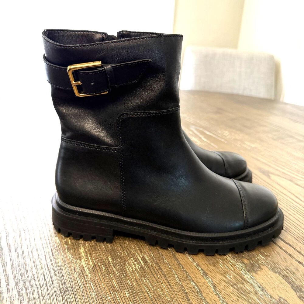 Arezzo Brody Black Leather Boots Women Size 7.5B Low Block Lug Sole Gold Accent
